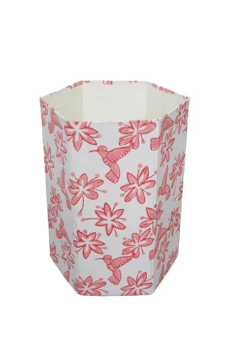 Generic 3.3 Gallon Cotton Hand Block Printed Paper Waste Basket |Small Decorative Trash Can for Housewarming Gifts in Living Room, Bedroom, Bathroom | Eco-Friendly, Plastic-Free (1, PINK BIRD)