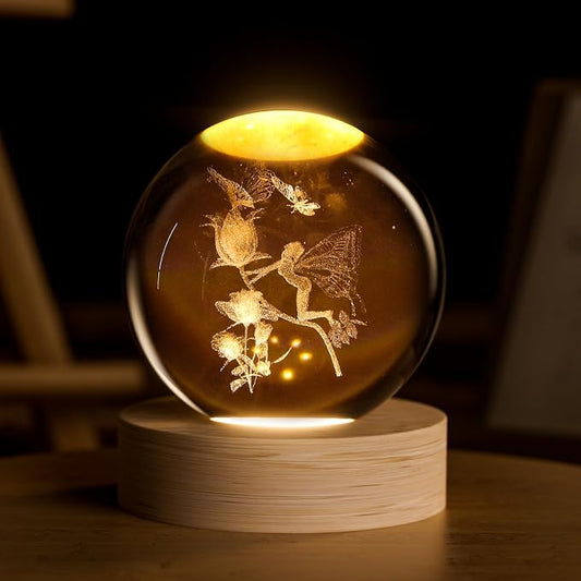3D Fairy Flowers Crystal Ball, 3D Laser Engraved Rose Butterfly Night Light, Decorative Crystal Sphere, Decorative Light Ideas Gifts for Mom Wife Couple Girls Women Fairy Lovers Novelty Home Decor
