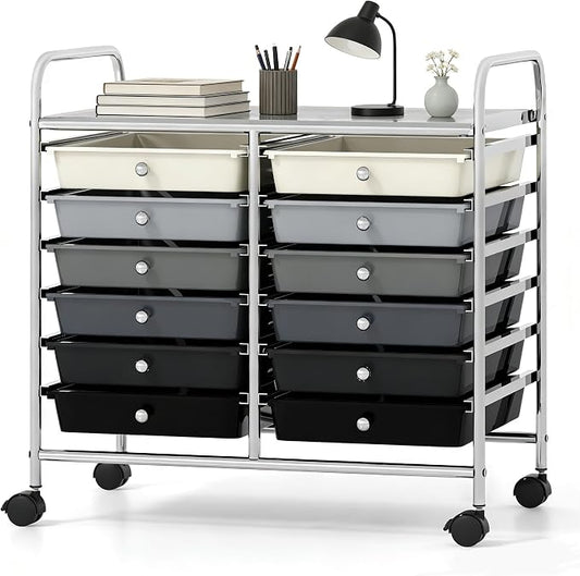 COSTWAY 12-Drawer Rolling Storage Cart, Utility Storage Organizer Cart for Tools, Scrapbook, Paper, Craft, Multipurpose Art Supply Organizer on Wheels for Home Office School, Teacher, Mixed Black