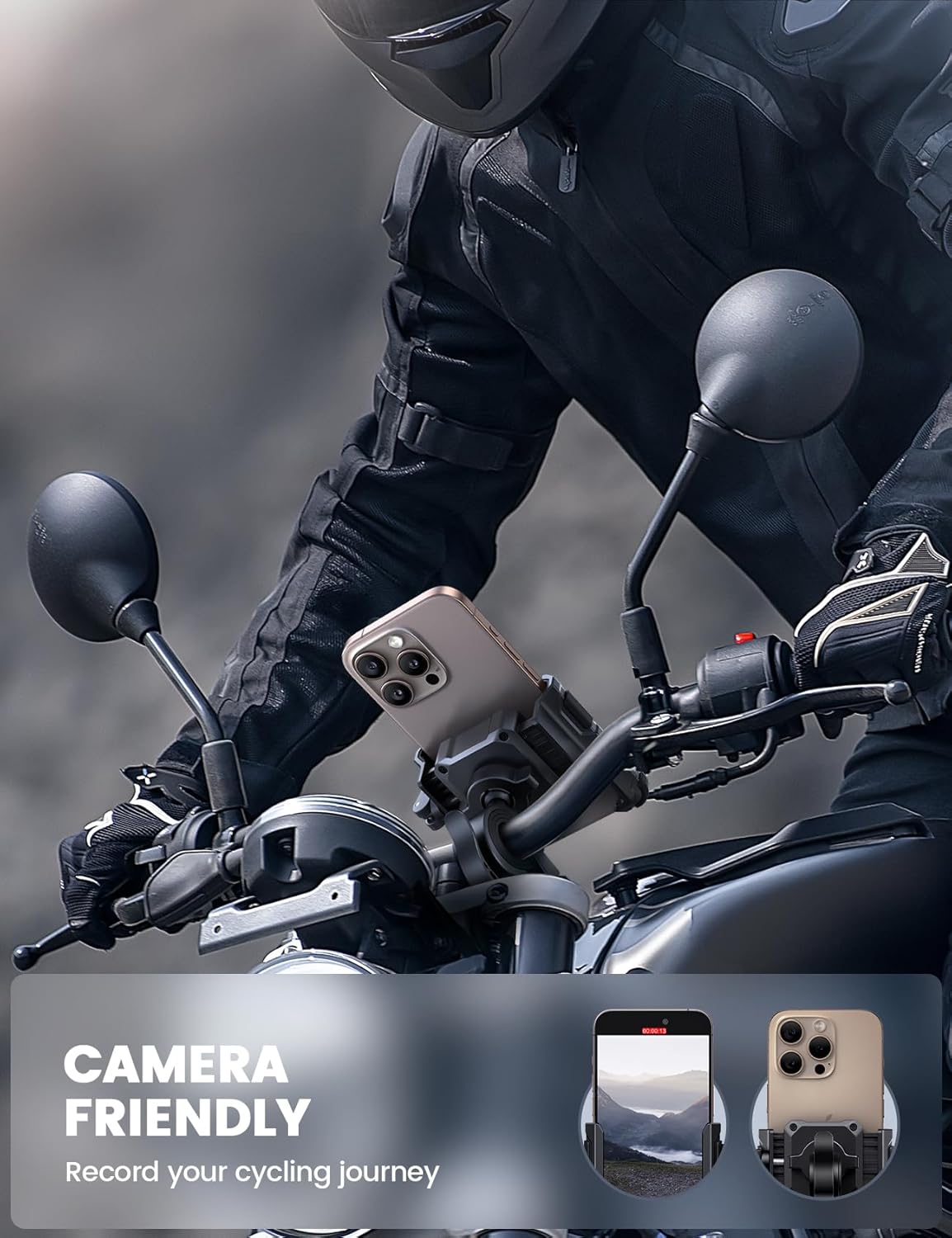Lamicall Motorcycle Bike Phone Mount - [No Block Camera] [1s Lock] Bike Cell Phone Holder Clamp, Bicycle Scooter Handlebar Clip, for iPhone 16 15 14 Pro Max, Galaxy S25 S24 Ultra, 4.7-7" Phones"