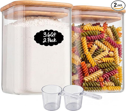 2-Pack 3.4Qt Large Glass Flour Sugar Storage Containers with Lids | Wide Mouth Design, With Measuring Cups, Minimalist Kitchen Organizer,Scandinavian Style Storage,Nordic Style Storage
