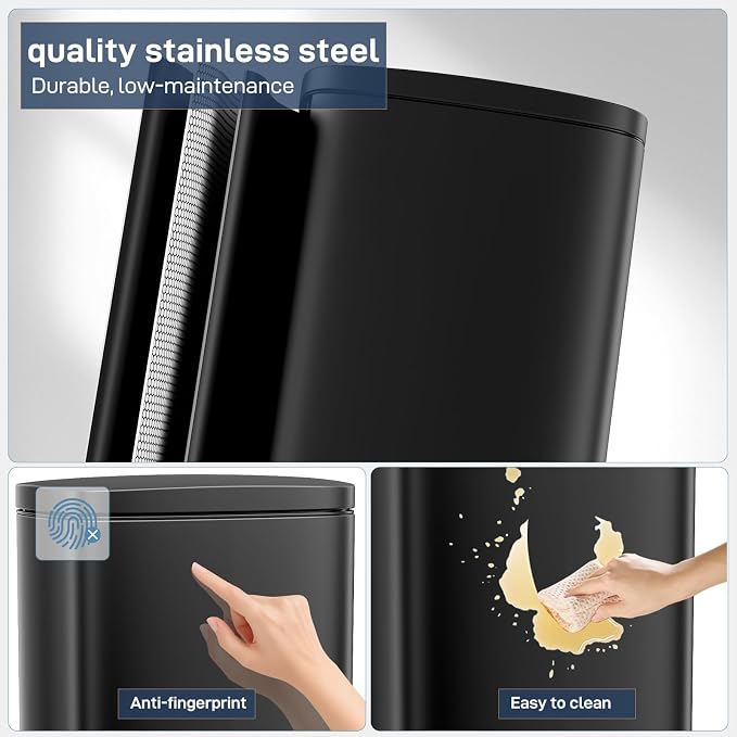 Arlopu13.2 Gallon Step Trash Can, Stainless Steel Garbage Bin, Soft-Close Rubbish Bin with Removable Plastic Inner Bucket, Fingerprint-Proof, Lid Dustbin, Suit for Kitchen Home (Black, 50L)