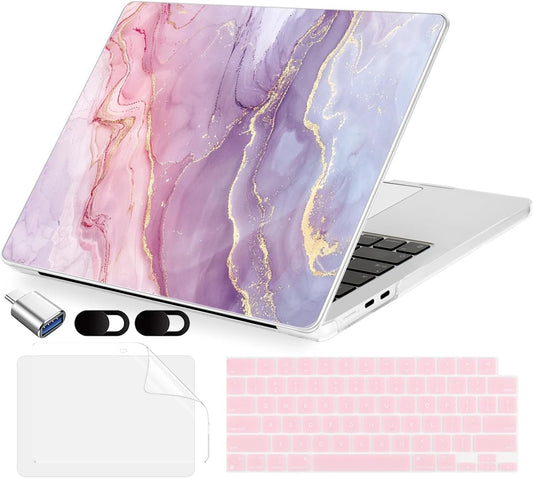 Compatible with MacBook Air 15 inch Case, M4 A3241/M3 A3114/M2 A2941 (Released 2025 to 2023), Hard Shell, Keyboard Cover, Screen Protector, Webcam Cover & Type-C Adapter, Pink Marble