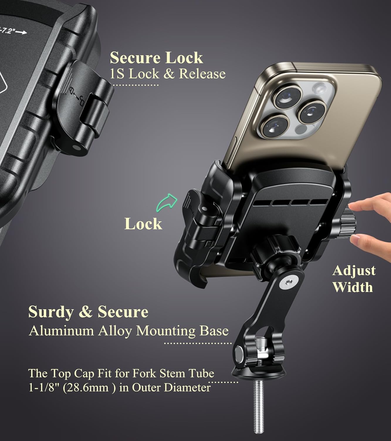 BRCOVAN Bike Fork Stem Phone Mount Holder [Camera Friendly] [1s Lock & Release] Adjustable Bicycle Headset Top Cap Cellphone Cradle with Solid Aluminum Mounting Base Fit 5.4'' - 7.2" Smartphones"