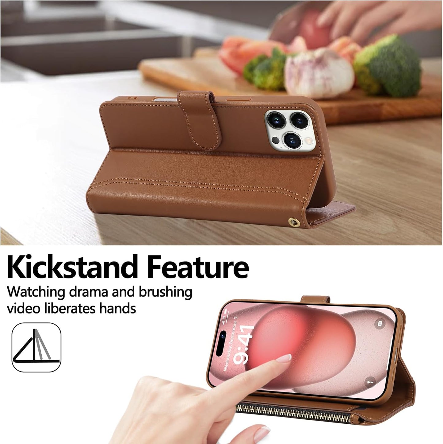 Compatible with iPhone 15 Pro Max Wallet Phone Case-PU Leather Magnetic Flip Cover with Credit Card Slots,Zipper Pocket & Detachable Wrist Strap,Shockproof Design,for Women and Men-Brown