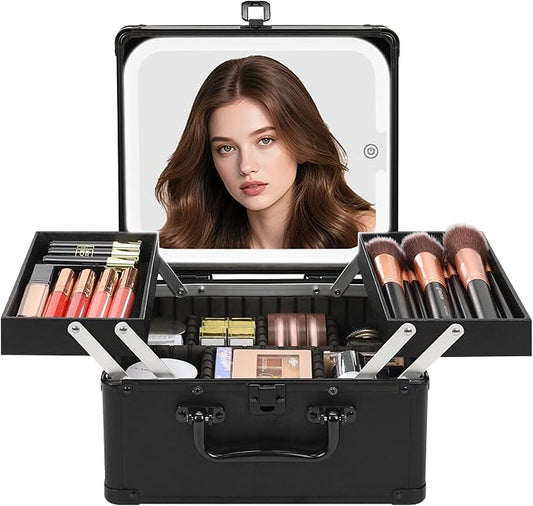 Chomeiu Makeup Bag with Mirror, Travel Train Case Large Cosmetic Organizer with 2 Trays and Vanity Mirror with LED Lights, Brush Holder Storage Box Suitcase for Nail Kits Cosmetics Craft, Black