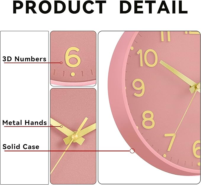 Roymnie Silent Wall Clocks Battery Operated 8 Inch-Modern Non Ticking Analog Clock Decorative for Kitchen Office Bathroom Bedroom(Pink Gold)