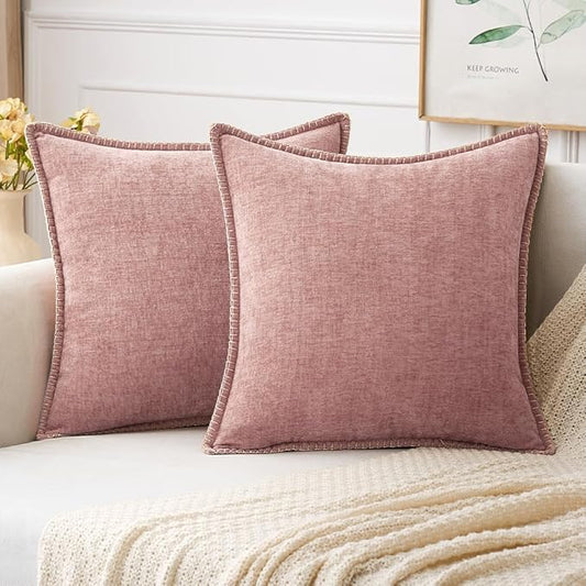 MIULEE Pack of 2 Couch Throw Pillow Covers 20x20 Inch Blush Pink Farmhouse Decorative Pillow Covers with Stitched Edge Soft Chenille Solid Dyed Pillow Covers for Sofa Bed Living Room