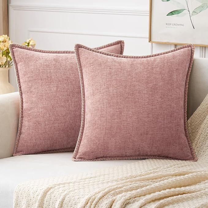 MIULEE Pack of 2 Euro Sham Pillow Covers 24x24 Inch Blush Pink Farmhouse Decorative Throw Pillow Covers with Stitched Edge Soft Chenille Solid Dyed Pillow Covers for Bed Sofa Couch Living Room