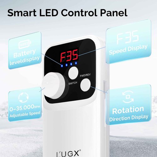L'UGX Nail Drill Machine 35000RPM – Rechargeable Electric Nail File with LED Display, Portable Efile Nail Drills for Acrylic Gel Nails, Cordless Nails Drill for Beginners & Pros-White