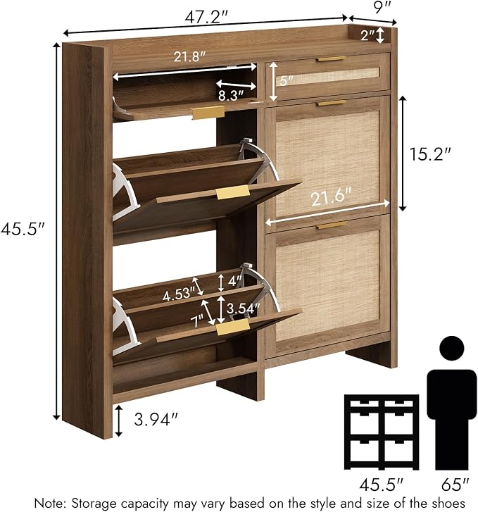 HOKYHOKY Large Rattan Shoe Storage Cabinet with 4 Flip Drawers & 2 Storages–Hidden Slim Shoe Organizer for Entryway, Large Tabletop Space, Farmhouse Boho Narrow Shoe Rack, Rustic Oak