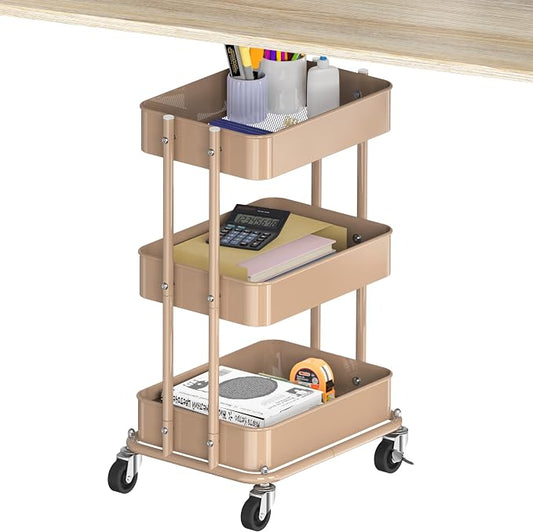 Simple Houseware 3-Tier Compact Utility Rolling Cart, Low 24” Height Fits Under Desk, Space-Saving Storage for Home Office, Dining Room, or Kitchen, Khaki