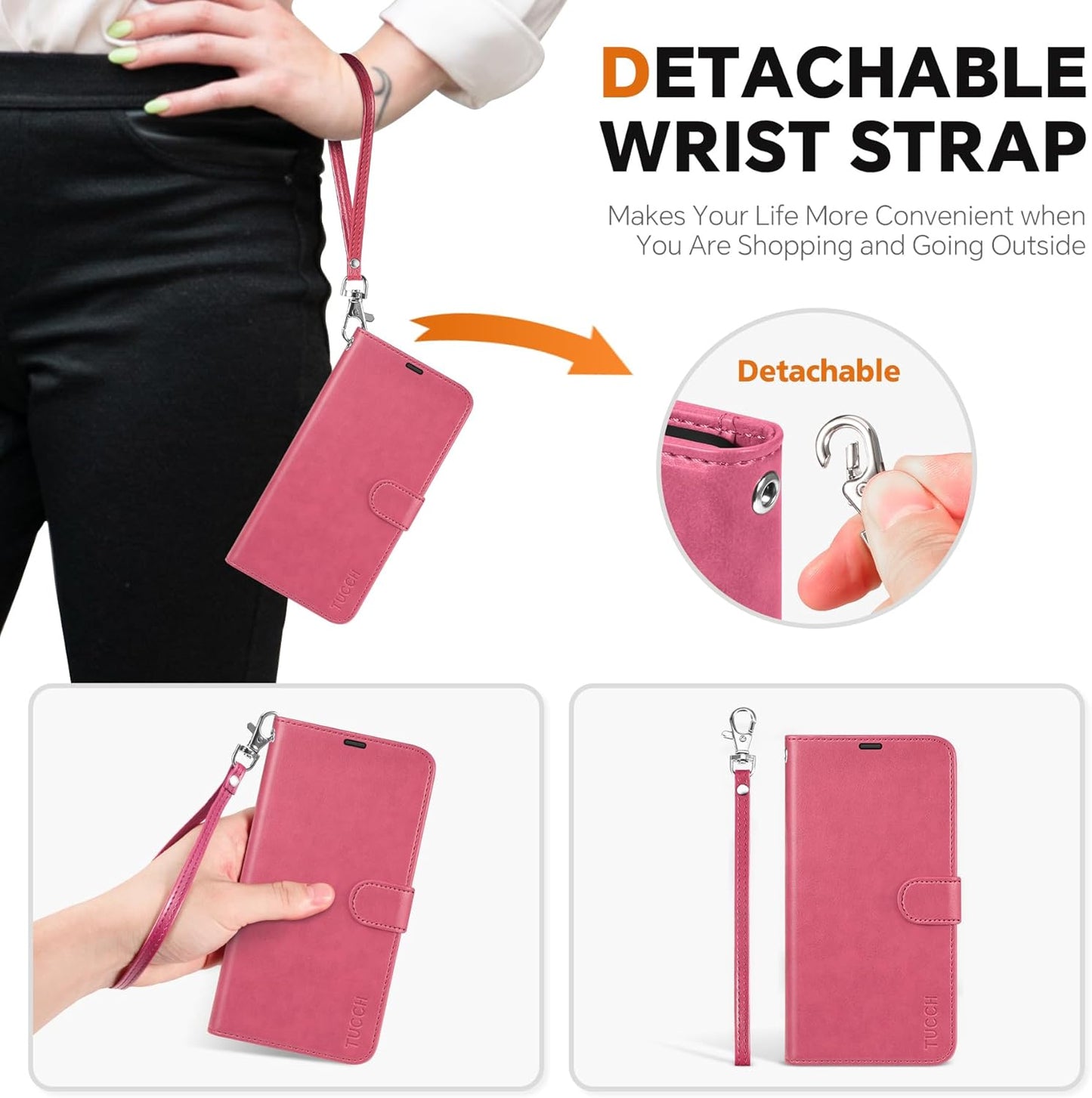 TUCCH Case for Galaxy S25, [Detachable] 2 in 1 Magnetic PU Leather Wallet Case Wrist Strap RFID Blocking [Wireless Charging] 4 Card Holders Stand Removable Flip Folio Cover for Galaxy S25, Hot Pink