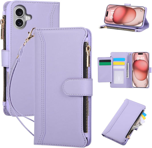 Compatible with iPhone 16 Wallet Phone Case-PU Leather Magnetic Flip Cover with Credit Card Slots,Zipper Pocket & Detachable Wrist Strap,Shockproof Design,for Women and Men-Purple