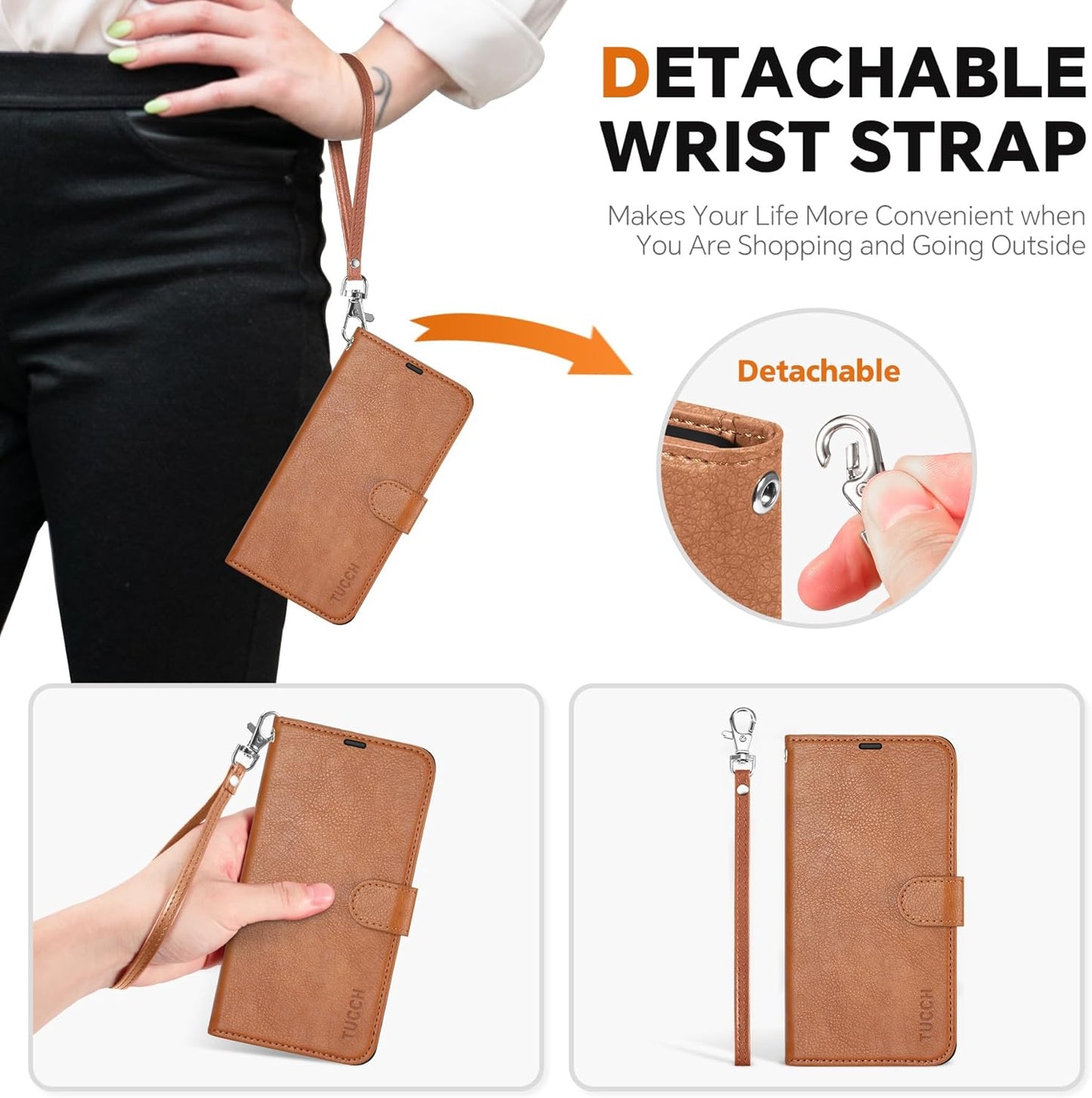 TUCCH Wallet Case for Galaxy S25 Plus, Removable 2 in 1 RFID Blocking [4 Card Slots] Wrist Strap [Wireless Charging] Kickstand PU Leather Magnetic Detachable Folio Cover for Galaxy S25 Plus, Brown