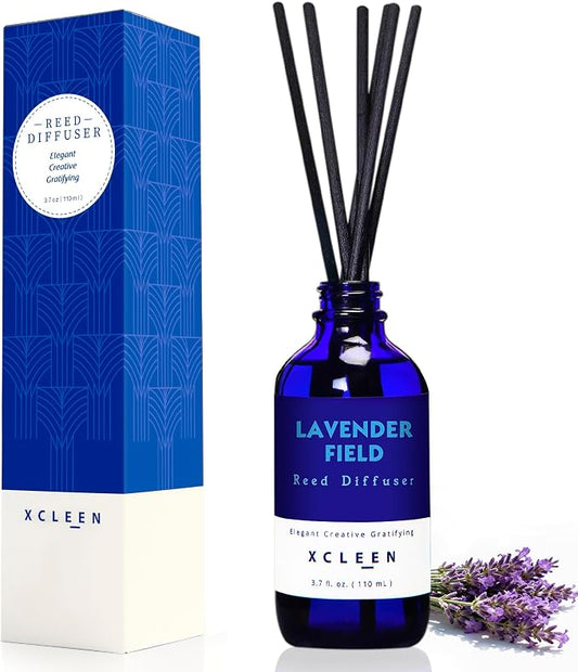 Xcleen Reed Diffuser Set, Lavender Field Oil Diffuser with Sticks, Long-Lasting Home Fragrance Reed Diffusers for Bathroom Shelf Office Decor, Luxury Air Fresheners 3.7 oz(110ml)