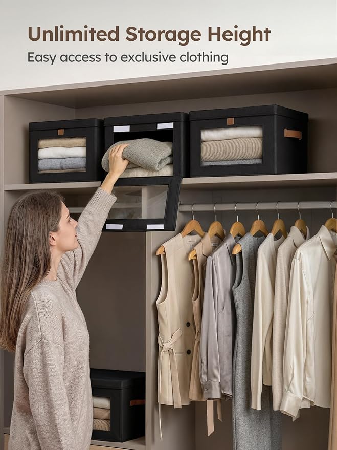 Homsorout Medium Fabric Storage Bins - Closet Shelf Organizer with Open Window, 2 Pack Closet Baskets for Shelves, Stackable Decorative Boxes for Home, Dorm, Black, 13.7" x 9.8” x 9.8"