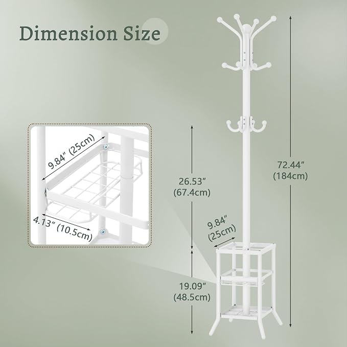 FAVOOSTY Coat Rack Freestanding,Coat Rack Stand with Umbrella Holder,Metal Coat Tree with 12 Hooks,Tree Clothes Hat for Entryway, Hallway, Bedroom, Living Room & Office -White