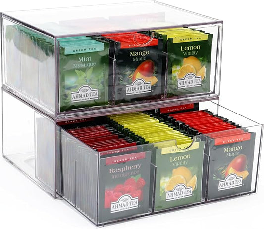 CLUQMEIK 2 Large Acrylic Tea Bag Organizer, 9 Grids Tea Organizers and Storage with Acrylic Drawers Stackable, Teabag Holder Organizer for Counter Countertop Kitchen Cabinet