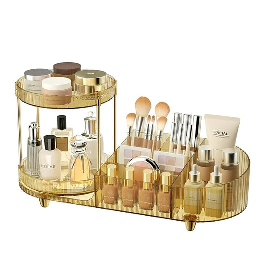 Rotating Makeup Organizer for Vanity, 2 Perfume Trays with 5 Compartments Cosmetic & Skincare Storage, Space Saving Beauty Organizers, Multi-Purpose Countertop Organizers for Bathroom, Desktop, Pantry