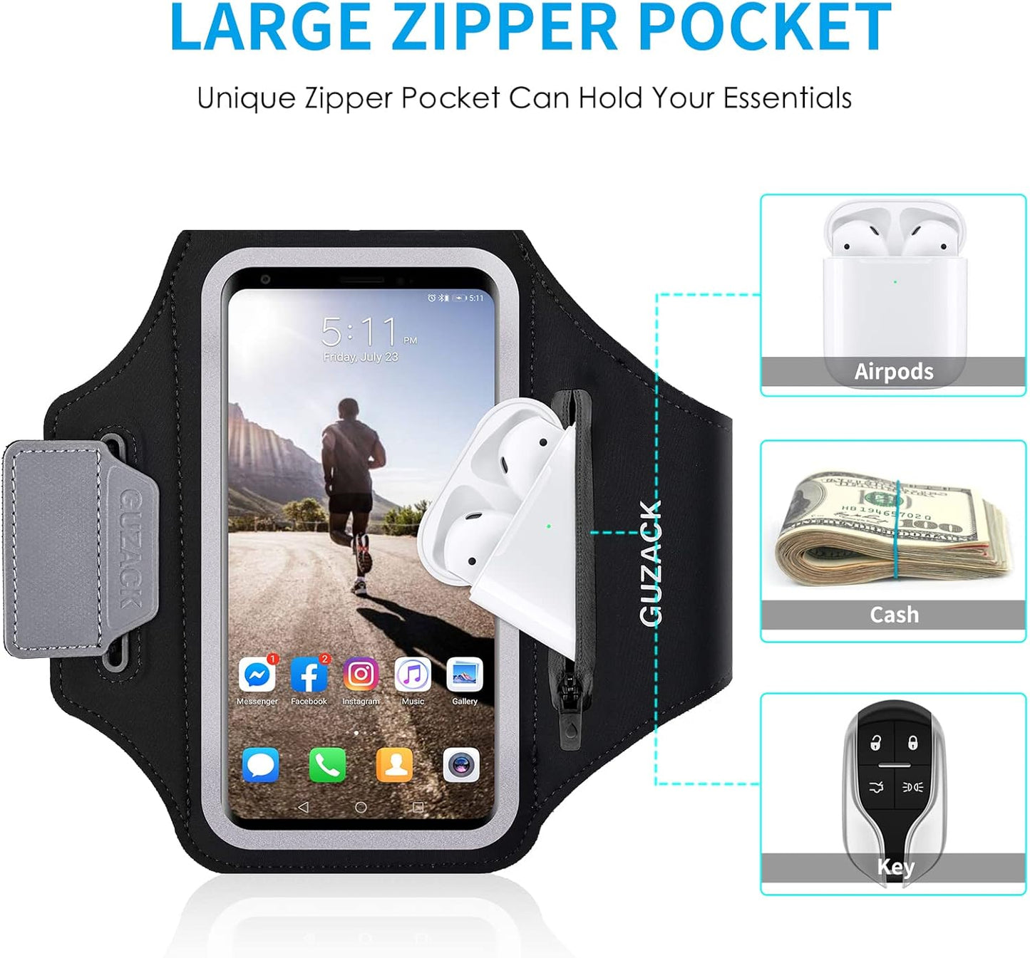 GUZACK Running Phone Holder with Zipper Pouch, Running Armband for iPhone 16/15/14/13/12/11 Pro Max/Plus, Galaxy S25/S24/S23/S22, Cell Phone Arm Holder with Card Slot - Size L (Bigger Arm 14-17 in)