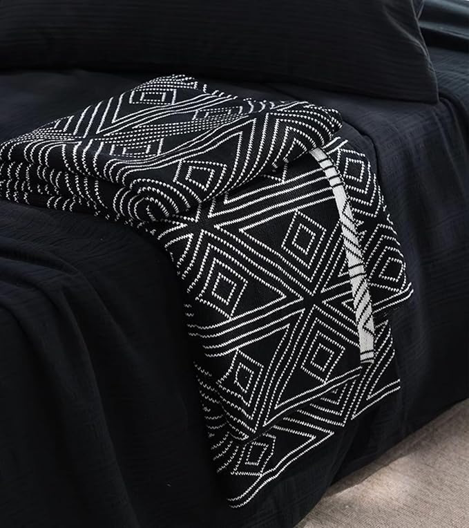 Black and White Throw Blankets, Knitted Modern Patterned Throw Blanket, Soft Lightweight Woven Throw Blanket for Sofa Couch Bed and Living Room, Black&White (50x60 Inch)
