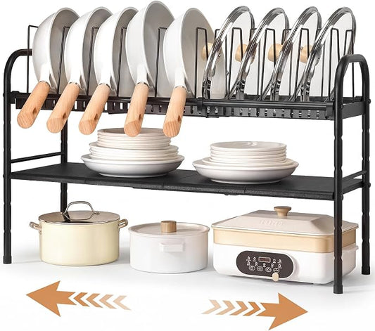 HULISEN Pots and Pans Organizer Under Cabinet, Expandable 2-Tier Pots and Pans Lid Storage Rack Holder with 10 Dividers, Adjustable Height Under Sink Organizer, Maximize Kitchen Storage Space