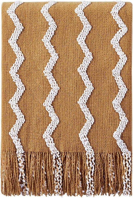 BOURINA Fluffy Chenille Knitted Fringe Throw Blanket Lightweight Soft Cozy for Bed Sofa Chair Throw Blankets, Dark Gold 50" x 60"
