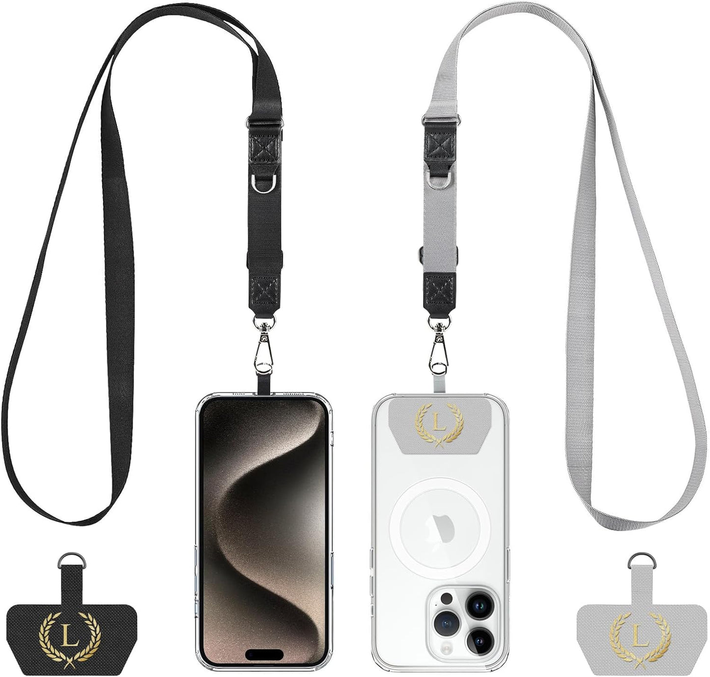 Phone Lanyard 2 Pack, Adjustable Cell Phone Multifuctional Patch Lanyards,Compatible with Most Smartphones and Wallets Keys ID Badges Travel Essentials(Black+Gray) (Lanyard Letter Sign L)