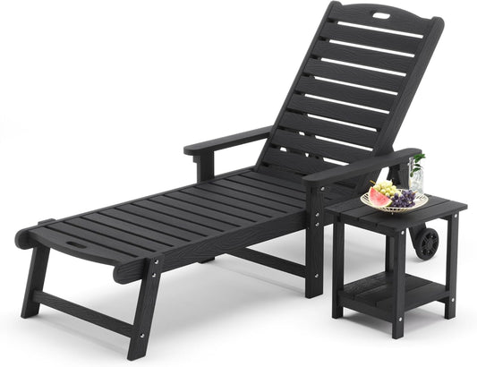 LUE BONA Chaise Lounge Chair with Table, 2-Piece,79'' Oversized HDPS Chaise Lounger, 5 Positions Adjustable Lounge Chairs, Pool Lounge Chair with Wheels for Poolside, Backyard, 3 Year Warranty, Black