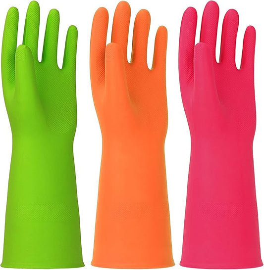 3 Pairs Rubber Cleaning Gloves Latex Free Dishwashing Gloves - 13" Reusable Nitrile Gloves Large, Green+Orange+Red