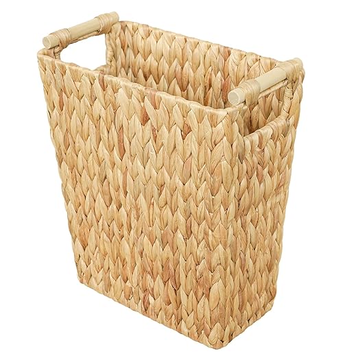 Coeusy 6 Gallon Wicker Trash Can with Wooden Handle,Wicker Waste Basket for Bathroom,Bedroom,Large Narrow Water Hyacinth Trash Basket,Rattan Boho Decor Farmhouse Bathroom Trash Can