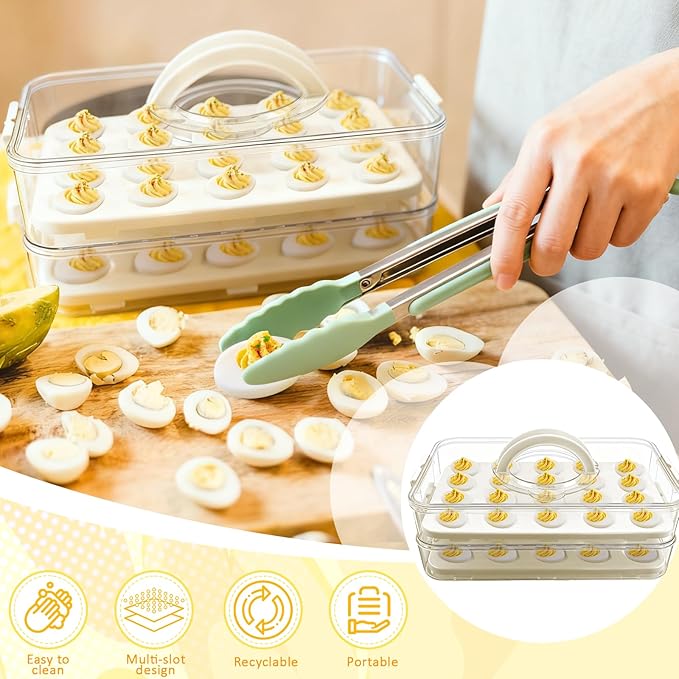 Deviled Egg Containers with Lid & Handle (2 Layer Snap-on) PET Thickened Eggs Holder Inc Egg Slicer Kitchen Tongs Silicone Spatula and Piping Decorating Kit,for Festival Party Brunch