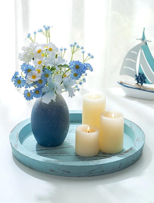 Hanobe Candle Plate Holder Tray: Round Wood Decorative Candle Plate - Rustic Farmhouse CoffeeTable Decor - Tealight Pillar Trays for Home Decor (Ocean Blue)