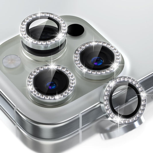 Choiche Compatible for iPhone 16 Pro/iPhone 16 Pro Max Camera Lens Protector Bling, 9H Tempered Glass Camera Cover Screen Protector Metal Ring Decoration Accessories (Diamond-Silver)
