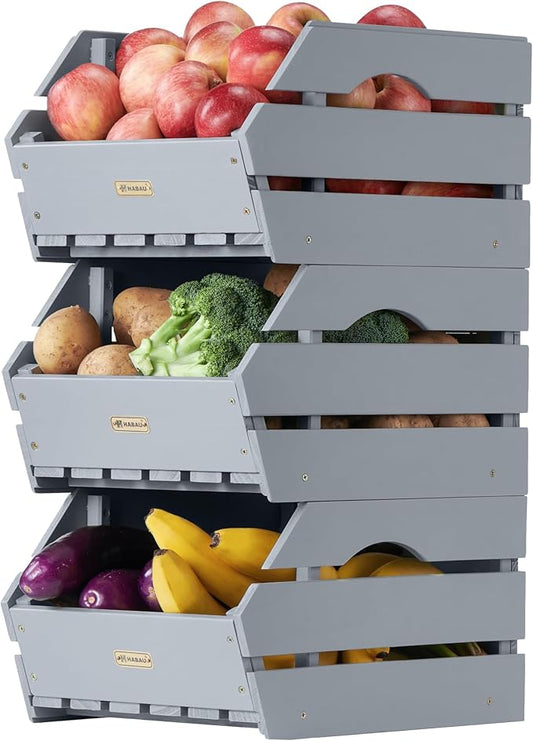 Wood Potato Onion Storage Bins - Wooden Stackable Produce Basket - Fruit Vegetable Storage for Kitchen Pantry Organization, Set 3 Pieces