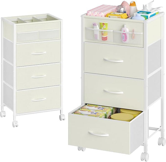 4-Tier Baby Diaper Caddy Organizer Cart with 3 Storage Drawers, Rolling Cart with Dividers & Side Pockets for Nursery, Baby Essentials, Toys, Wipes & Creams, Portable Kids Storage Cart & Station