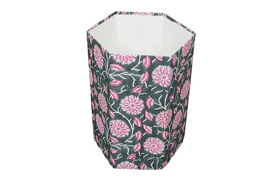 Generic 3.3 Gallon Cotton Hand Block Printed Paper Waste Basket |Small Decorative Trash Can for Housewarming Gifts in Living Room, Bedroom, Bathroom | Eco-Friendly, Plastic-Free (1, LIGHT PINK GREEN)