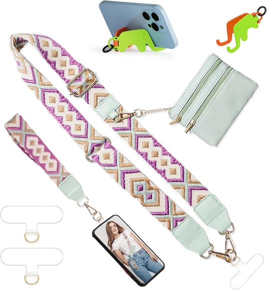 Clip and Go Strap for Phone with Wallet Crossbody iPhone Strap Lanyard for Women with Pouch Cell Phone Stand Holder 2 Patches Tether Adjustable Anti Theft Cellphone Chain for iPhone All Phones Green