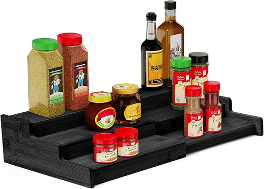 VenDotbi Spice Rack, 3-Tier Expandable Bamboo Spice Rack Organizer for Cabinet - Kitchen, Pantry and Cupboard Storage Organizer-Black