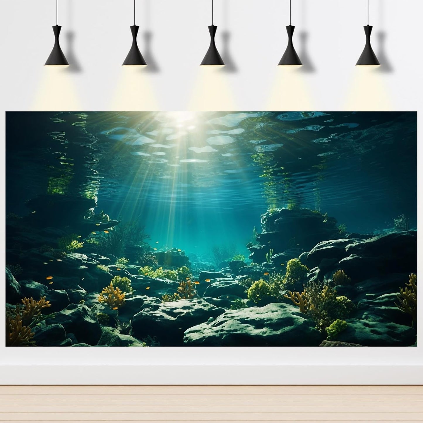 Aquarium Background Underwater Aquatic Plants Rocks Fish Terrarium Backdrop Sunlight Rays Coral Fish Tank Background Cave Style Landscape Sea Grass Tank Wallpaper Poster Vinyl 72x18in