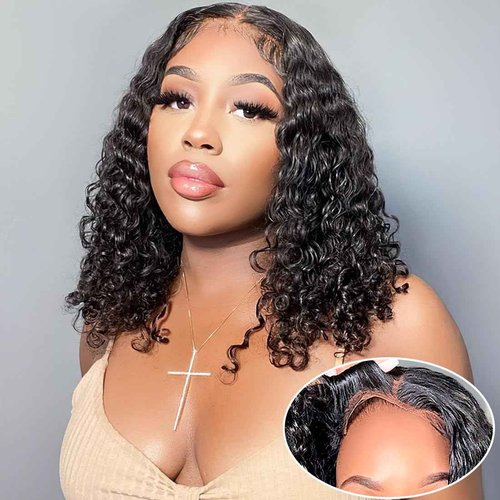 Xinjiju Wear and Go Glueless Wigs Human Hair Pre Plucked Pre Cut 6x4 Short Curly Bob Lace Front Wigs for Black Women Natural Hairline Water Wave Lace Front Wigs 200% Density 14 Inch