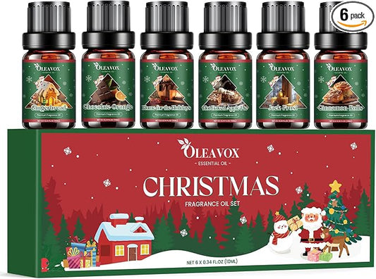 Christmas Essential Oils Set, 6 Premium Winter Fragrance Oils for Diffuser, Candle Scented Oils Gift,Gingerbread, Cinnamon Roll, Hot Baked Apple Pie,Home for the Holidays, Jack Frost, Chocolate Orange