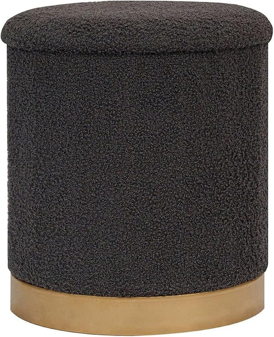 B FSOBEIIALEO Ottoman with Stroage, Round Boucle Storage Ottoman with Gold Plating Base,Foot Rest Stool for Dorm Room, Living Room Dark Grey, 14.76"x14.76"x16.34"