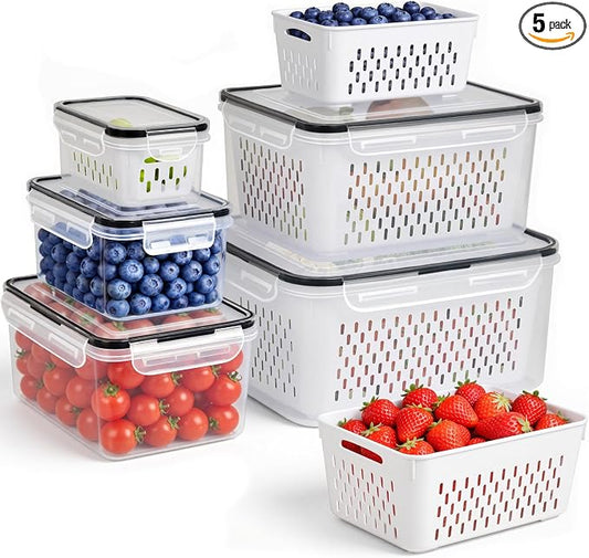 5 PCS Fruit Storage Containers for Fridge, Leakproof Produce Containers for Fridge with Removable Colander, Microwave/Dishwasher Safe Fruit Washing Bowl Keep Fruits, Vegetables, Berry Fresh longer