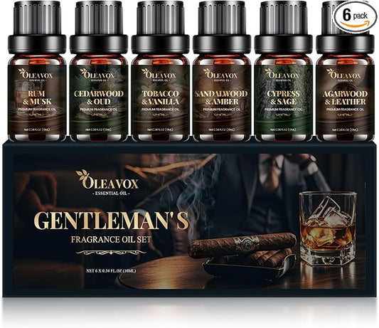 Men Essential Oils Gift Set, Premium Fragrance Oil for Diffusers for Home, Candle & Soap Scents,Agarwood & Leather,Tobacco & Vanilla, Sandalwood & Amber, Cypress & Sage, Rum & Musk,Cedarwood & Oud