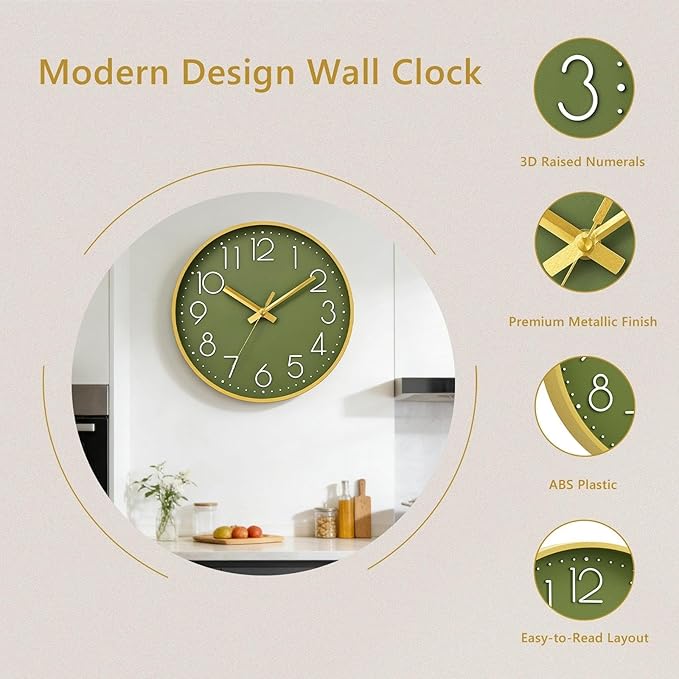 DAXSMY Wall Clock - 12 Inch Silent Non-Ticking Modern 3D Wall Clocks Battery Operated - Decorative Clock for Kitchen, Home Office, Bathroom, Bedroom, Living Room(Green)