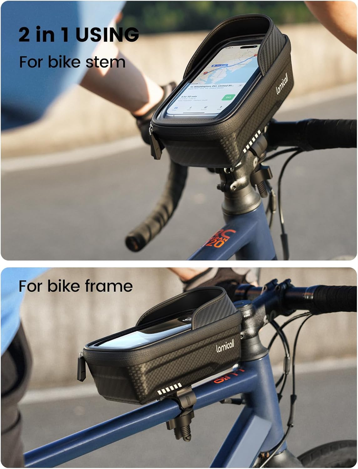 Lamicall Bike Frame Bag Waterproof - [1s Release] [2 in 1] Bike Phone Bag, Bike Phone Holder Mount, Bicycle Top Tube Bag, Cycling Pouch with Rain Cover, Bike Accessories for Phones Under 7""
