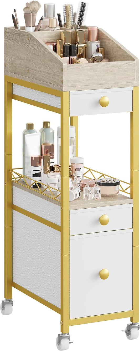 CHOEZON Makeup Organizer Storage Cart with Drawers, Floor-Standing Makeup and Skincare Organizer with Wheels, Bathroom Vanity Make Up Organizers for Brush, Hair Tool, White, Gold, and Natural TCJ90JW