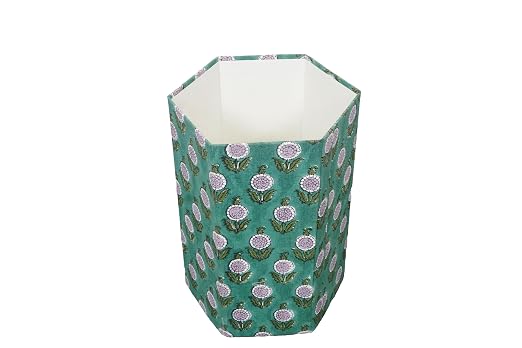 Generic 3.3 Gallon Cotton Hand Block Printed Paper Waste Basket |Small Decorative Trash Can for Housewarming Gifts in Living Room, Bedroom, Bathroom | Eco-Friendly, Plastic-Free (1, GREEN)